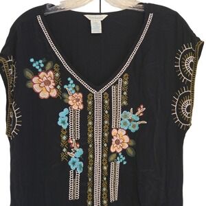 Sundance Catalog Embroidered Floral Dress XS Black V Neck Cap Sleeve‎
